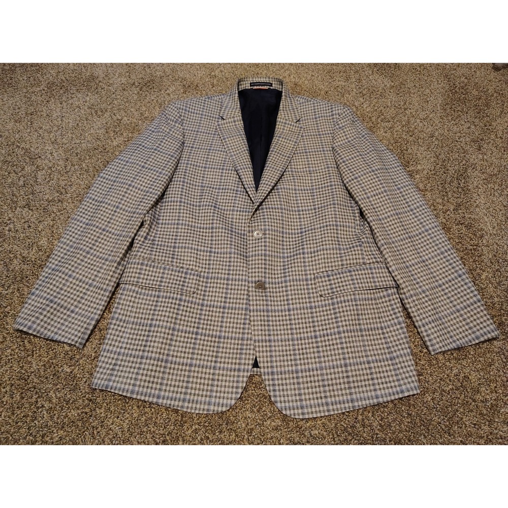 Tommy Hilfiger Mens Plaid 2-Button Blazer Sport Coat Gray Blue Brown 42R Classic